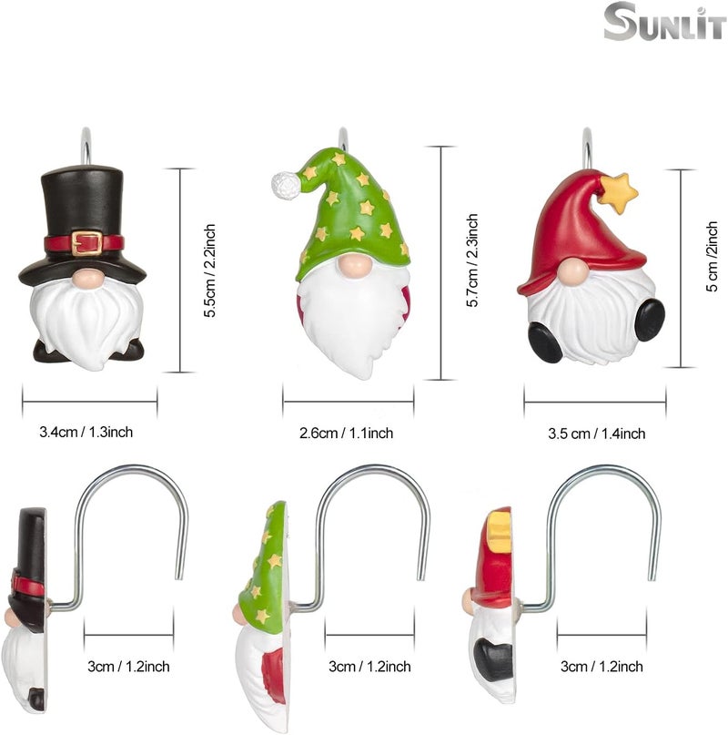 Sunlit Christmas Shower Curtain Hooks, Gnome Shower Curtain Rings, Hand Painted Resin Christmas Decor, Winter Bathroom Decoration, Black Green Red with Star, Set of 12 - Image 3